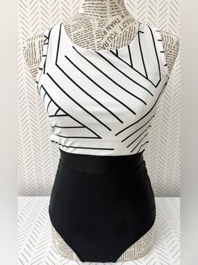 Women’s Albion Swimsuit Black & White Stripes One Piece Gold Back Zipper Medium